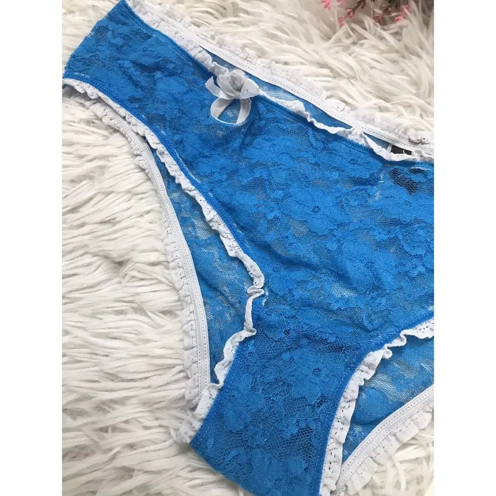 VINTAGE RARE FREDERICK'S OF HOLLYWOOD X-LARGE BLUE FLORAL LACE THONG PANTIES